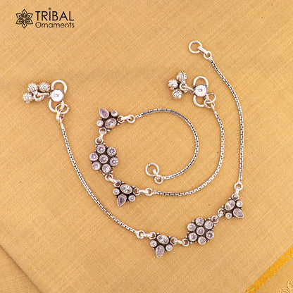 Sterling silver 10.5-inch chain anklet with white stone accents, designed as a stylish foot bracelet from Tribal Ornaments.