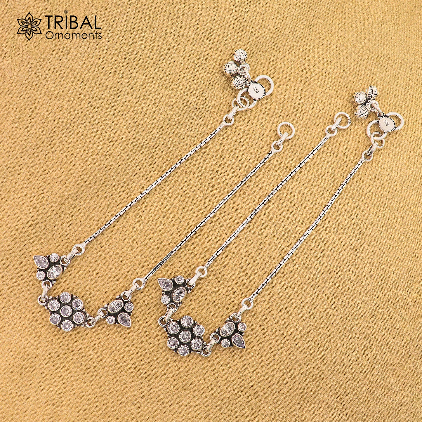 10.5" 925 sterling silver white stone chain anklets foot bracelet ank729 - TRIBAL ORNAMENTS