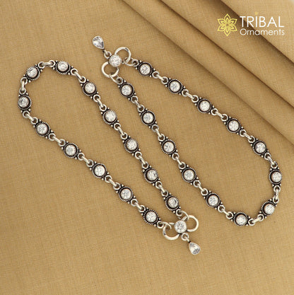 Sterling silver 10.5-inch anklet with white stones, stylish foot jewelry by Tribal Ornaments featuring intricate design.