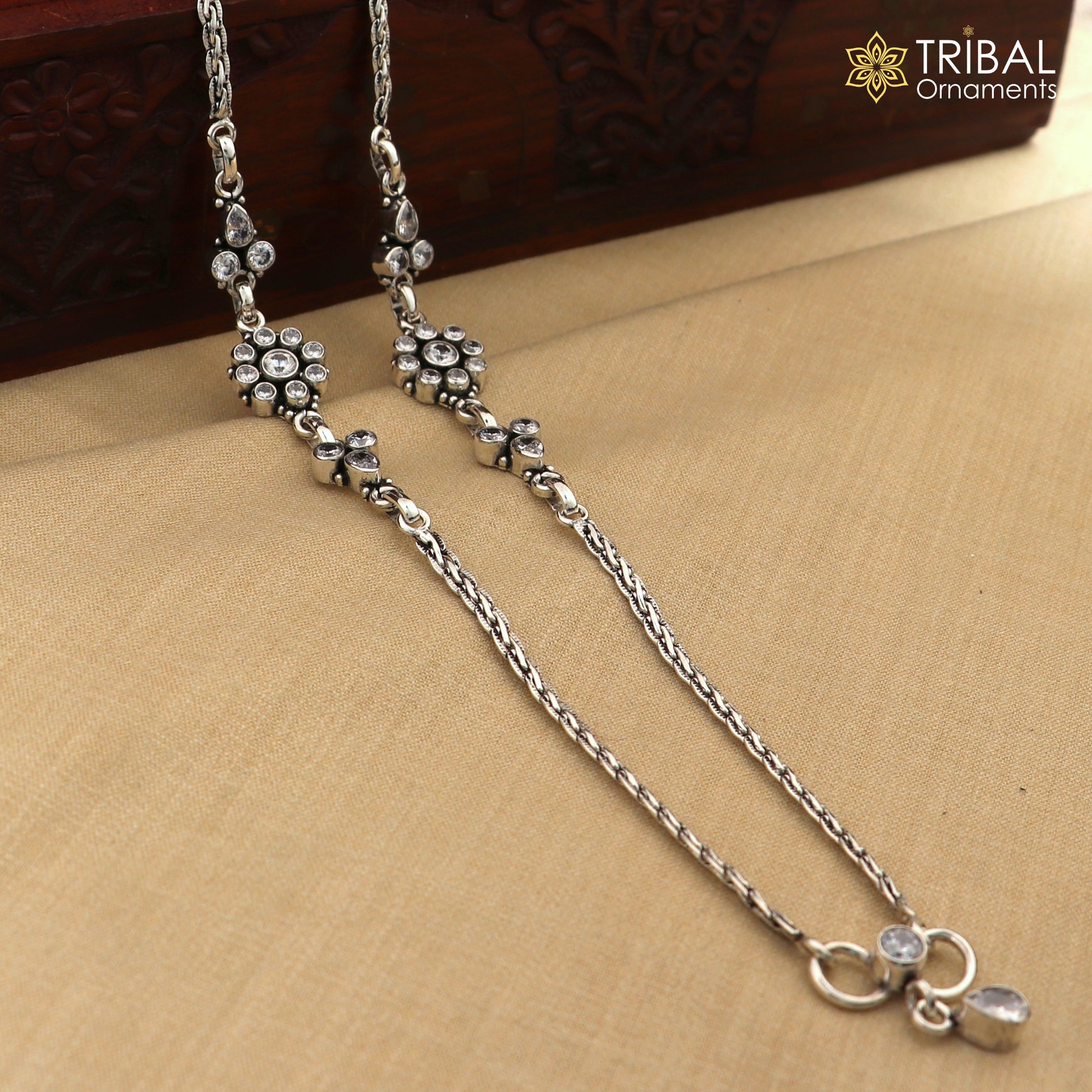 10.5" 925 sterling silver white stone wheat chain anklets foot bracelet ank727 - TRIBAL ORNAMENTS