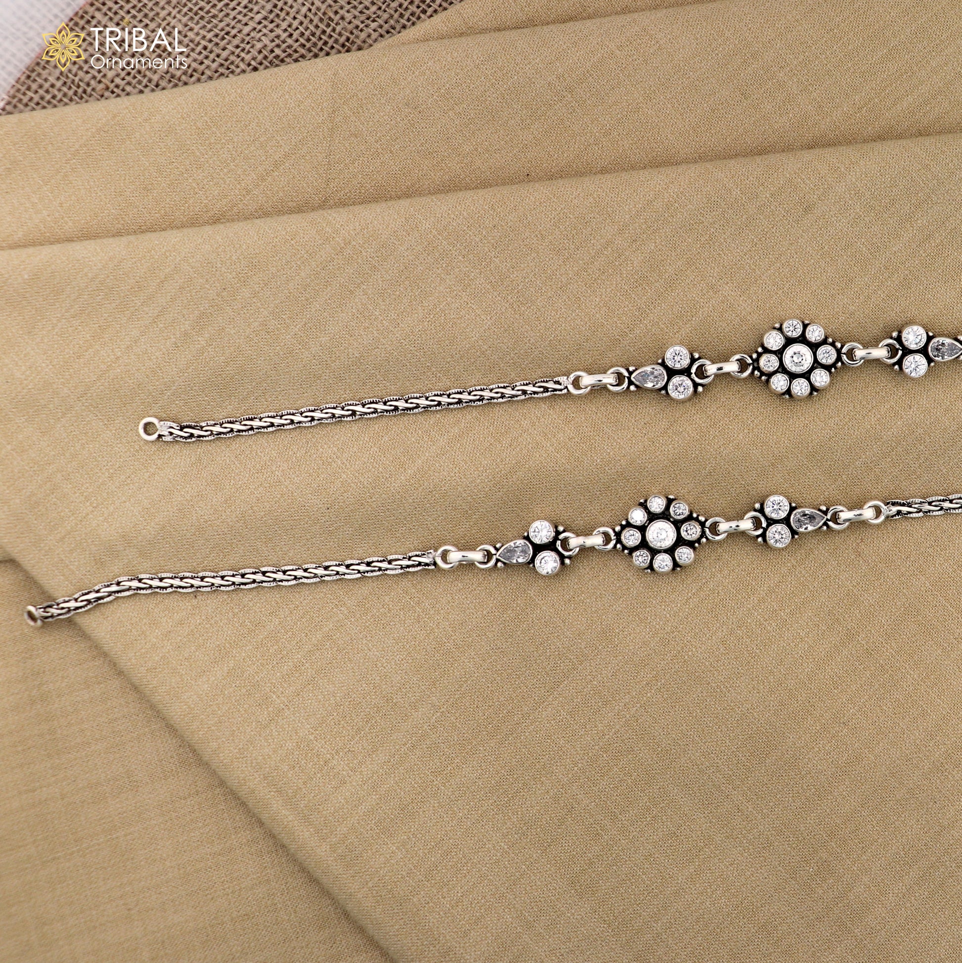 10.5" 925 sterling silver white stone wheat chain anklets foot bracelet ank727 - TRIBAL ORNAMENTS