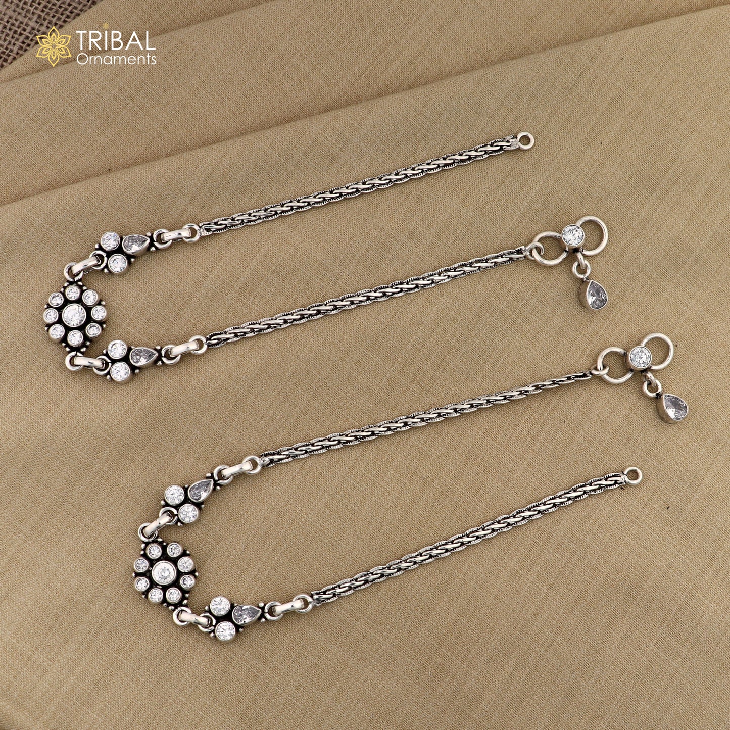 10.5" 925 sterling silver white stone wheat chain anklets foot bracelet ank727 - TRIBAL ORNAMENTS