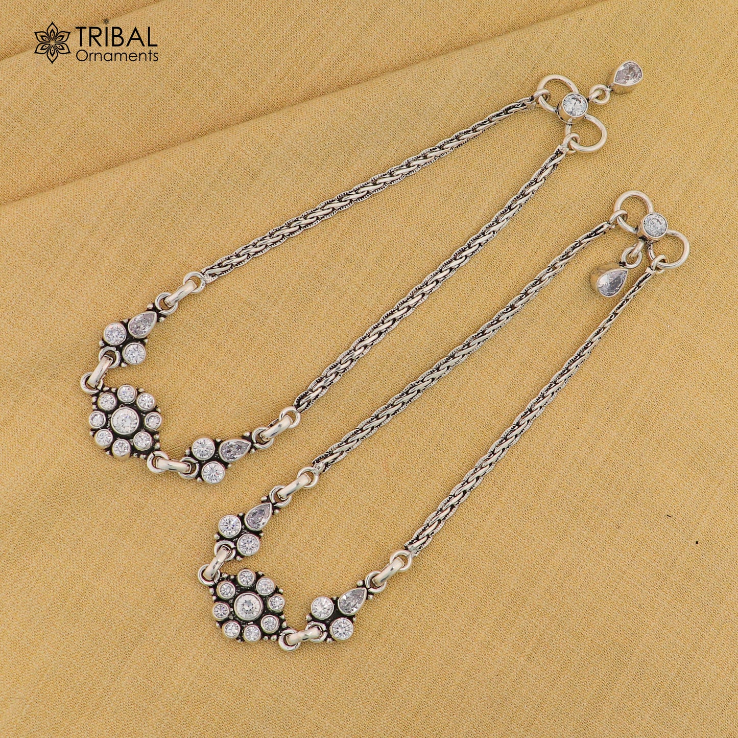 10.5" 925 sterling silver white stone wheat chain anklets foot bracelet ank727 - TRIBAL ORNAMENTS