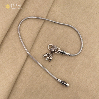 Handmade 10.5-inch sterling silver snake chain ankle bracelet with intricate design, perfect for belly dance jewelry or gift.