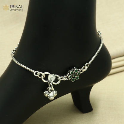 10-inch sterling silver ankle bracelet with green stone chain from Tribal Ornaments, featuring a delicate foot bracelet design.