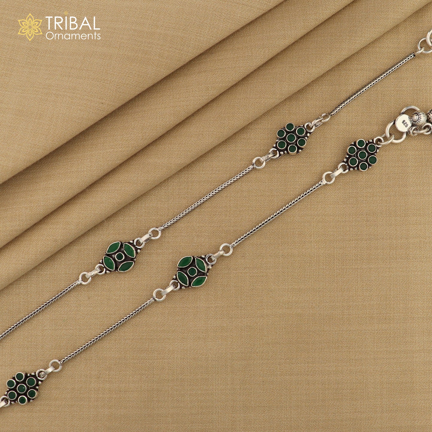 10" 925 sterling silver green stone chain anklets foot bracelet ank717 - TRIBAL ORNAMENTS