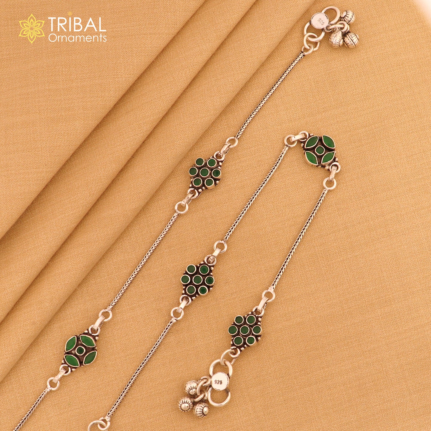 10" 925 sterling silver green stone chain anklets foot bracelet ank717 - TRIBAL ORNAMENTS