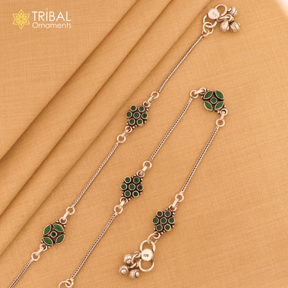 Sterling silver green stone chain anklet with intricate tribal design, foot bracelet with adjustable clasp, stylish and elegant jewelry