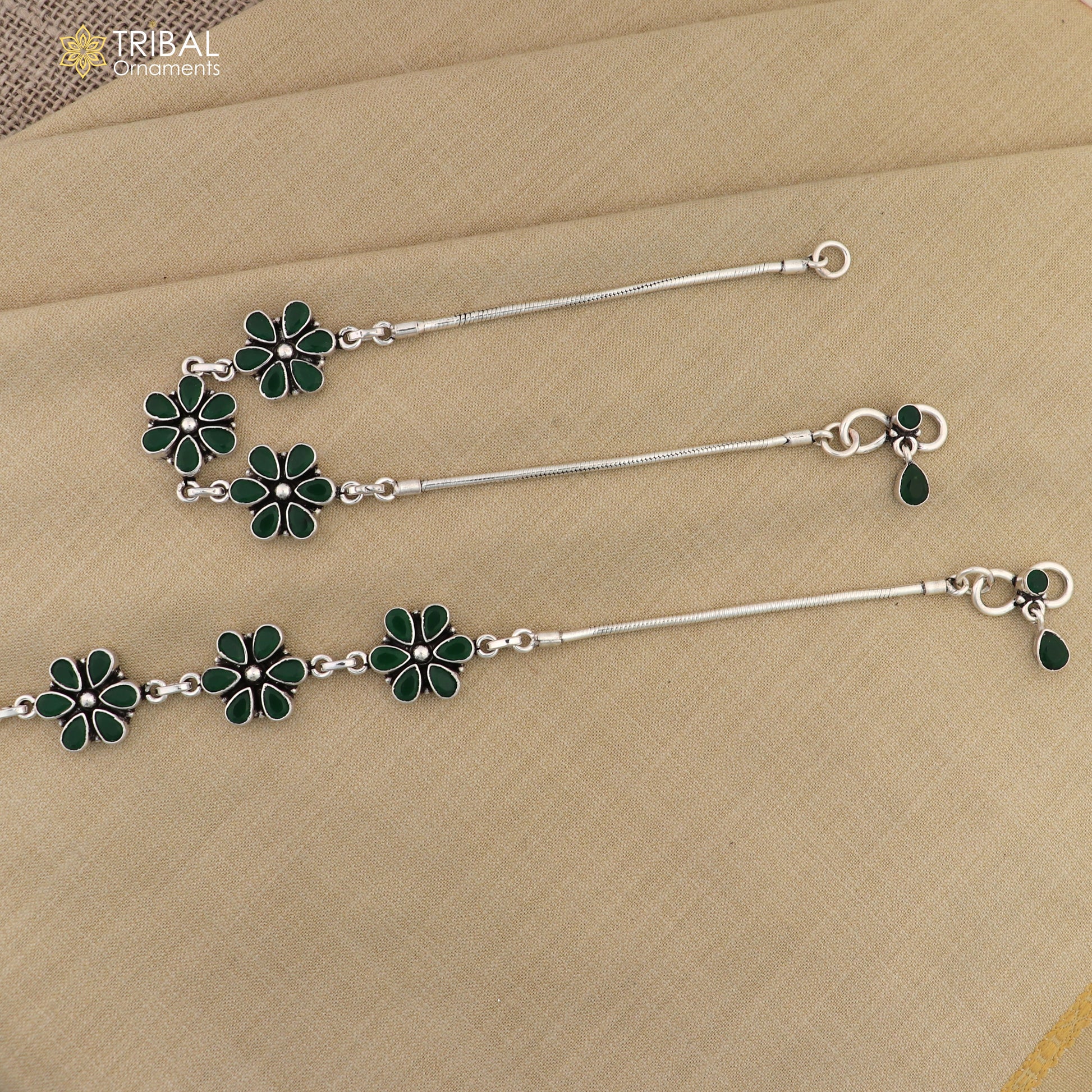 10" 925 sterling silver green stone flower design anklets foot bracelet ank730 - TRIBAL ORNAMENTS