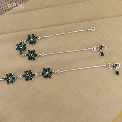 Sterling silver 10-inch anklet with green stone flower design, tribal ornaments foot bracelet with intricate floral details.