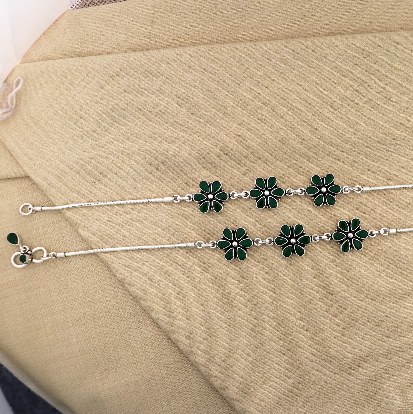 10" 925 sterling silver green stone flower design anklets foot bracelet ank730 - TRIBAL ORNAMENTS
