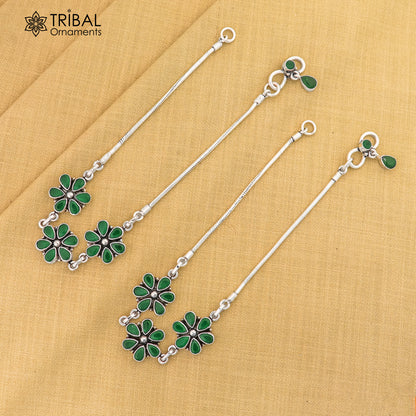 Sterling silver anklet with green stone flower design by Tribal Ornaments, 10-inch foot bracelet with intricate floral details.