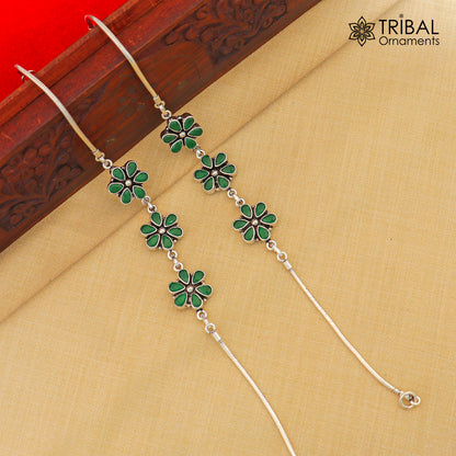 Sterling silver green stone flower design anklet bracelet from Tribal Ornaments, featuring a delicate floral pattern for the ankle.