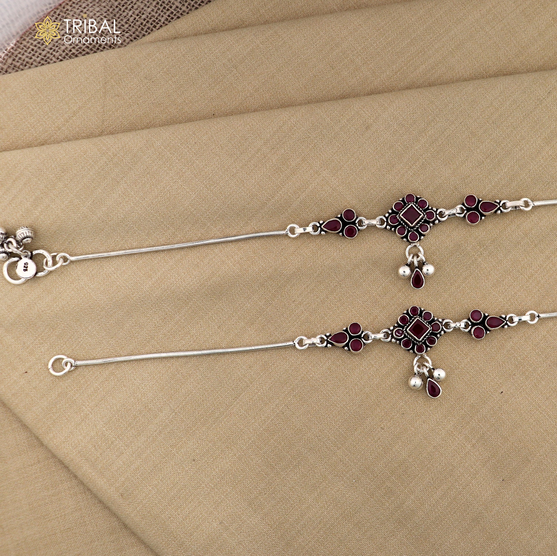 10" 925 sterling silver pink stone flower design anklets foot bracelet ank731 - TRIBAL ORNAMENTS