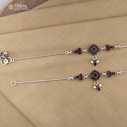 Sterling silver pink stone flower design anklet by Tribal Ornaments, featuring intricate floral details on a 10-inch foot bracelet.