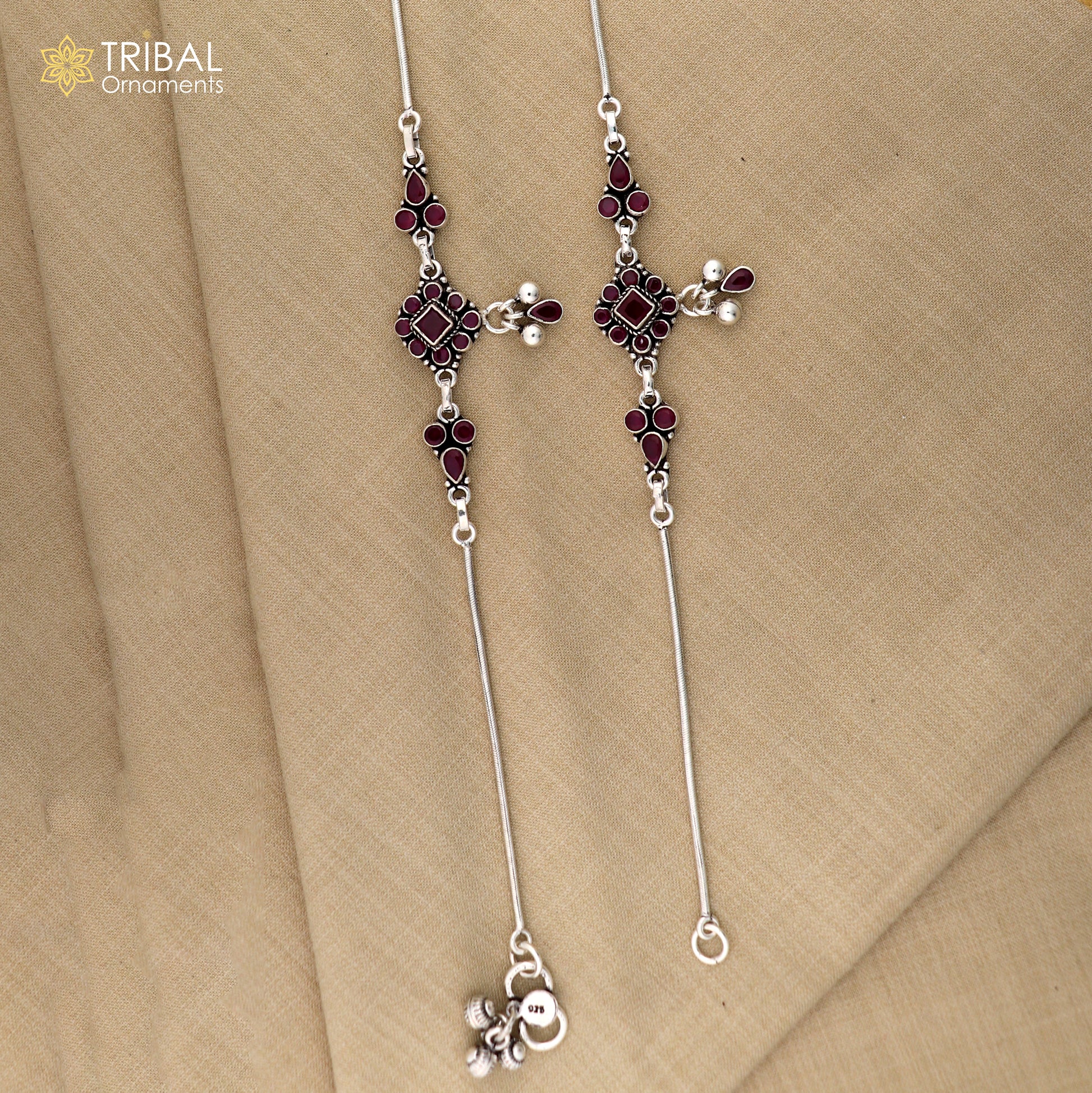 10" 925 sterling silver pink stone flower design anklets foot bracelet ank731 - TRIBAL ORNAMENTS