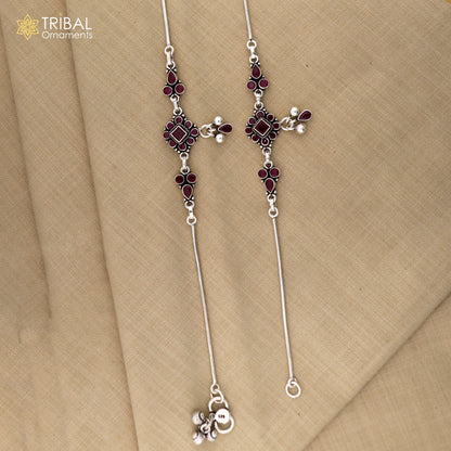 Sterling silver pink stone flower design anklet by TRIBAL ORNAMENTS, featuring intricate floral details on a 10-inch foot bracelet.