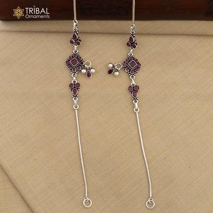 Sterling silver pink stone flower design anklet from Tribal Ornaments, featuring intricate floral details on a 10-inch foot bracelet.