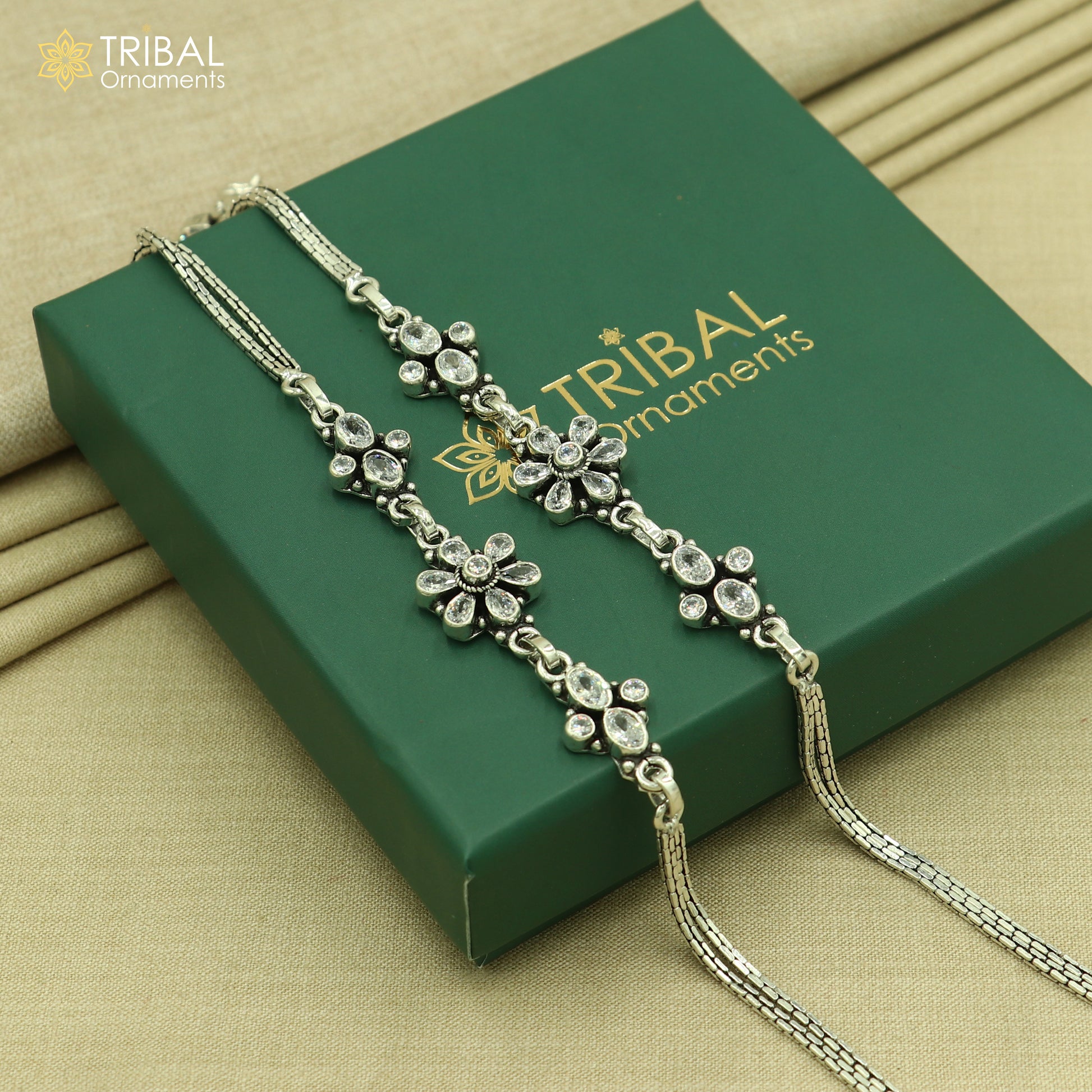 10" 925 sterling silver White stone chain anklets foot bracelet ank718 - TRIBAL ORNAMENTS