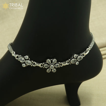 Sterling silver 10-inch white stone chain anklet from TRIBAL ORNAMENTS, featuring a delicate foot bracelet design.