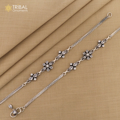 Sterling silver 10-inch white stone chain anklet by Tribal Ornaments, featuring a delicate foot bracelet design.