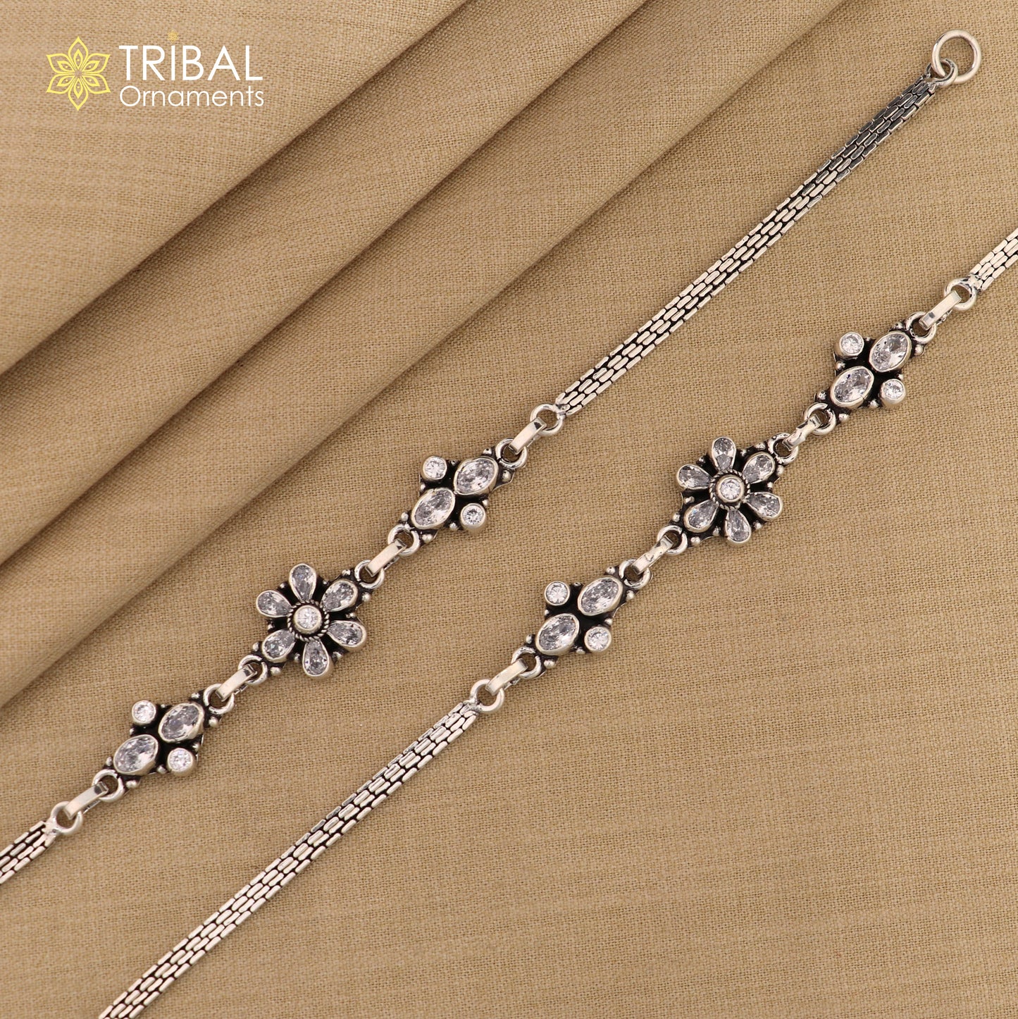 10" 925 sterling silver White stone chain anklets foot bracelet ank718 - TRIBAL ORNAMENTS