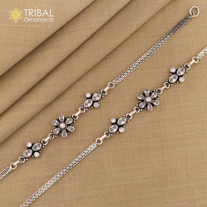 Sterling silver 10-inch white stone chain anklet by Tribal Ornaments, featuring delicate foot bracelet design with intricate details.