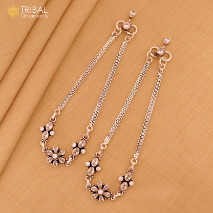 Sterling silver 10-inch chain anklet with white stone accents, designed as a stylish foot bracelet from TRIBAL ORNAMENTS.