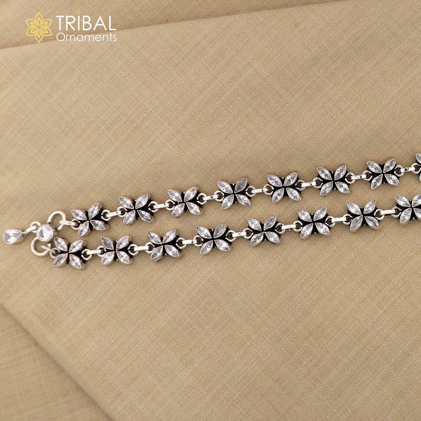 10" 925 sterling silver white stone flower design anklets foot bracelet ank721 - TRIBAL ORNAMENTS
