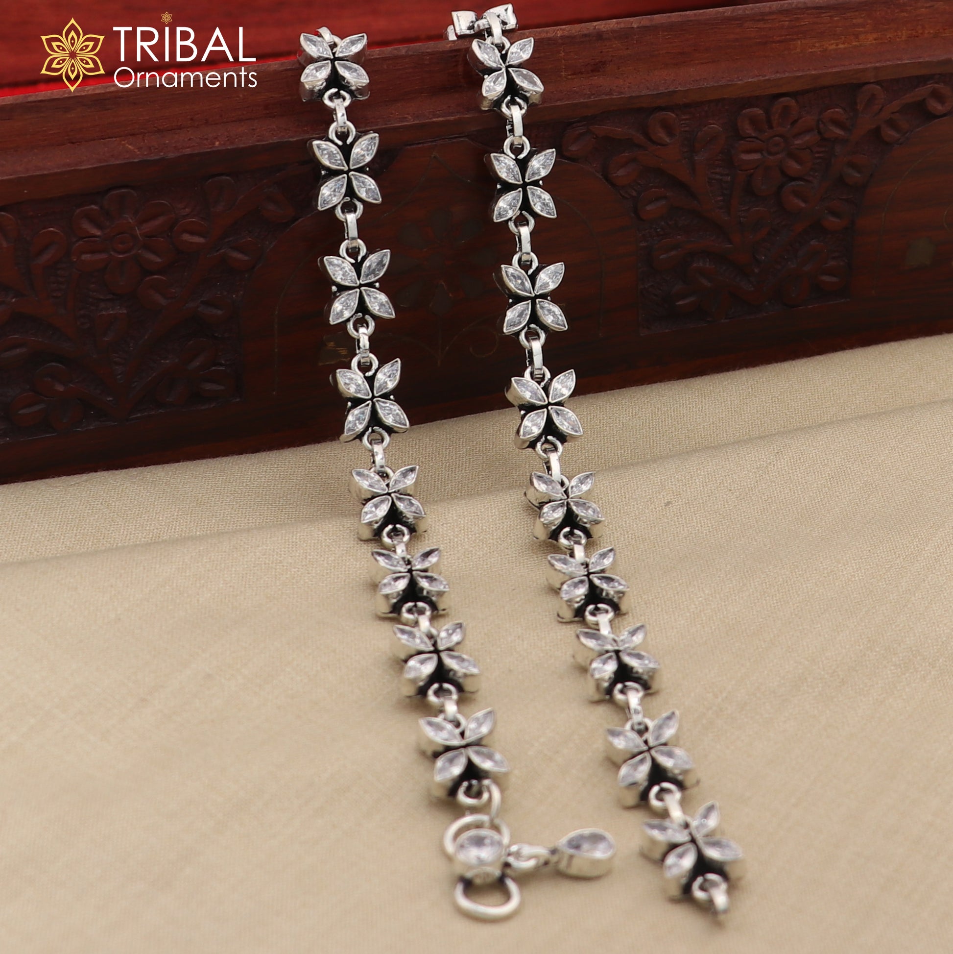 10" 925 sterling silver white stone flower design anklets foot bracelet ank721 - TRIBAL ORNAMENTS