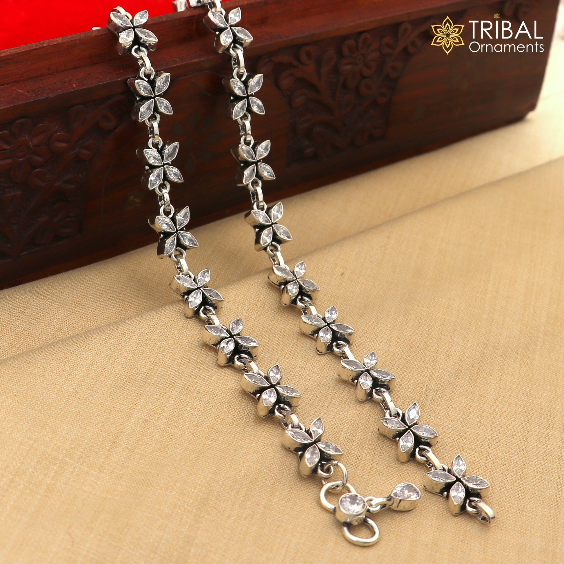 10" 925 sterling silver white stone flower design anklets foot bracelet ank721 - TRIBAL ORNAMENTS