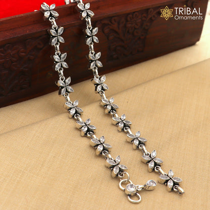 Sterling silver anklet with white stone flower design from Tribal Ornaments, 10-inch foot bracelet with intricate floral detailing.