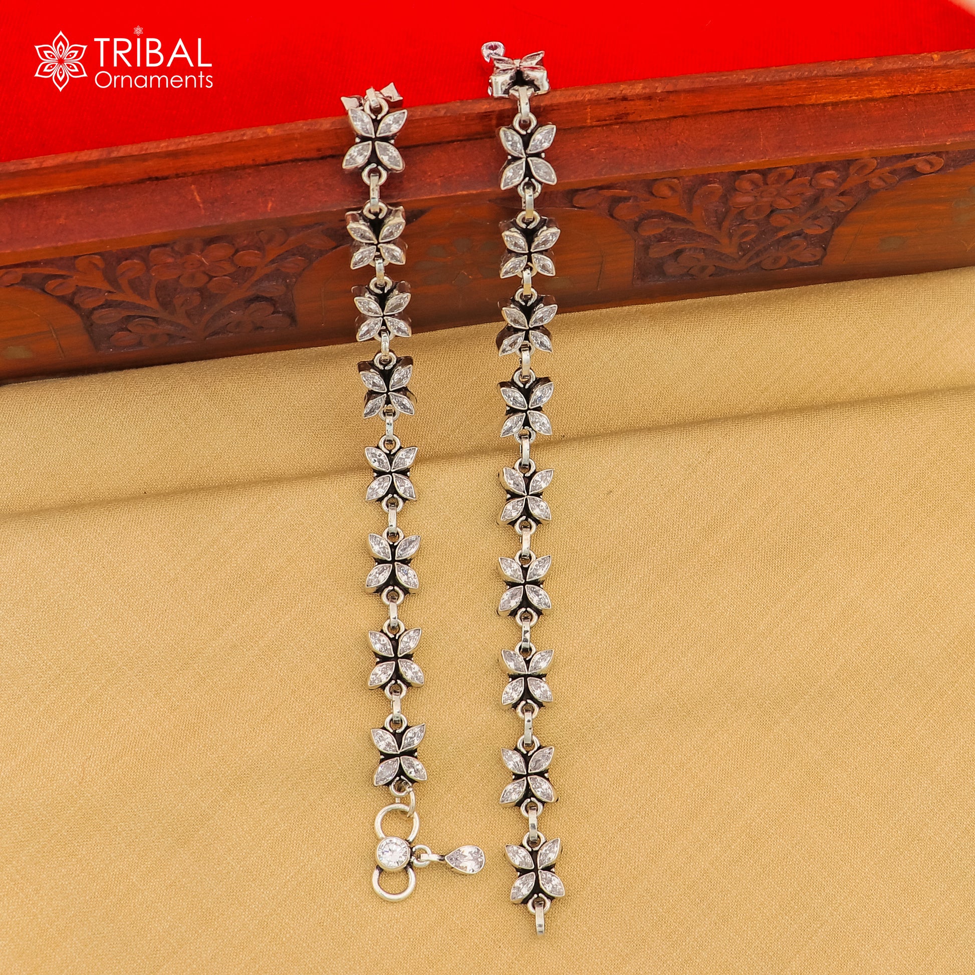 10" 925 sterling silver white stone flower design anklets foot bracelet ank721 - TRIBAL ORNAMENTS