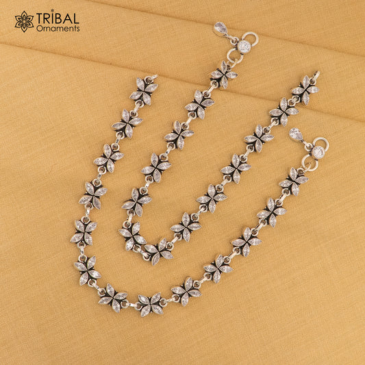 10" 925 sterling silver white stone flower design anklets foot bracelet ank721 - TRIBAL ORNAMENTS