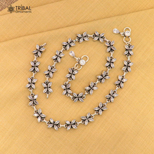 10" 925 sterling silver white stone flower design anklets foot bracelet ank721 - TRIBAL ORNAMENTS