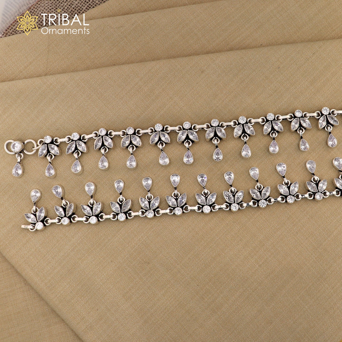 10" 925 sterling silver white stone flower design anklets foot bracelet ank722 - TRIBAL ORNAMENTS