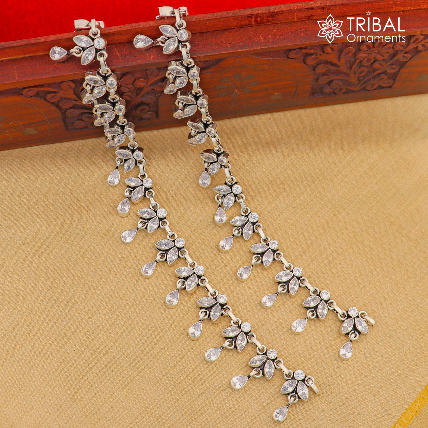 10" 925 sterling silver white stone flower design anklets foot bracelet ank722 - TRIBAL ORNAMENTS