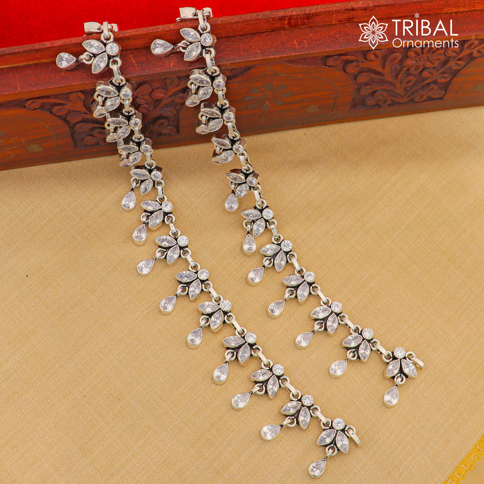10" 925 sterling silver white stone flower design anklets foot bracelet ank722 - TRIBAL ORNAMENTS