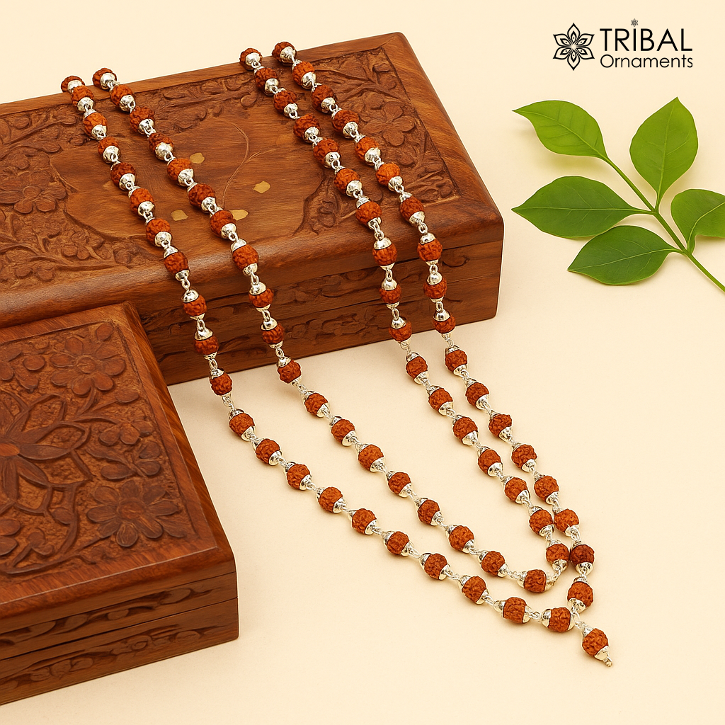108 rudraksha japp mala Handmade Sterling silver gorgeous natural Rudraksh beads 54 inches necklace chanting praying meditation chain  ch39 - TRIBAL ORNAMENTS