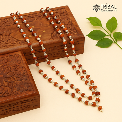 Handmade 54-inch sterling silver Rudraksha mala necklace with natural Rudraksha beads for meditation and prayer.