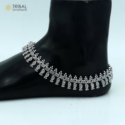 Handmade 10.5-inch sterling silver anklets from TRIBAL ORNAMENTS, featuring intricate belly dance jewelry design from India.