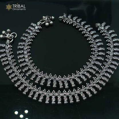 Handmade 10.5-inch 925 sterling silver anklet with intricate tribal design, suitable for belly dance jewelry from India.