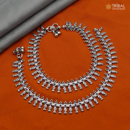Handmade 10.5-inch sterling silver ankle bracelet from Tribal Ornaments, featuring intricate belly dance jewelry design from India.
