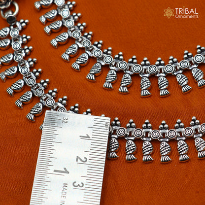 Handmade 10.5-inch sterling silver anklet foot bracelet with intricate tribal designs, perfect for belly dance jewelry from India.