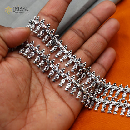 Handmade 10.5-inch sterling silver anklet from TRIBAL ORNAMENTS, featuring intricate belly dance jewelry design from India.