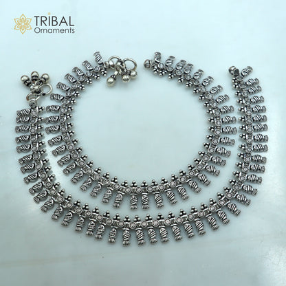 Handmade 10.5-inch sterling silver anklet from TRIBAL ORNAMENTS, featuring intricate belly dance jewelry design from India.