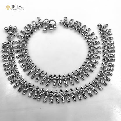 Handmade 10.5-inch sterling silver anklet foot bracelet with intricate tribal design, ideal for belly dance jewelry from India.