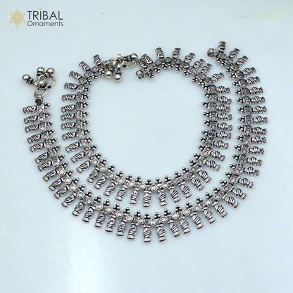 Handmade 10.5-inch sterling silver anklet foot bracelet with intricate tribal design from TRIBAL ORNAMENTS, ideal for belly dance jewelry.