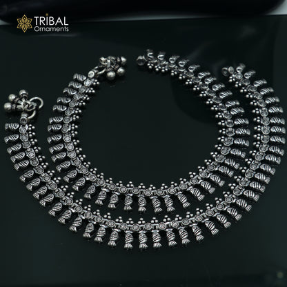 Handmade 10.5-inch sterling silver anklet foot bracelet with intricate tribal designs, suitable for belly dance jewelry from India.