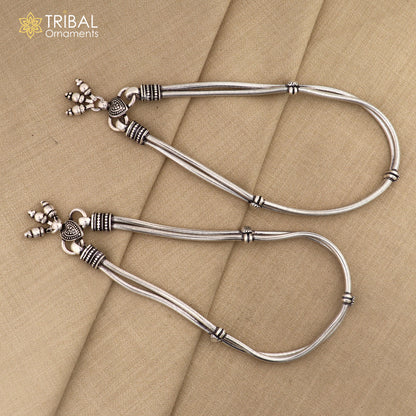 Sterling silver 11-inch two-line snake chain ankle bracelet with layered design, perfect for belly dance or casual foot jewelry.